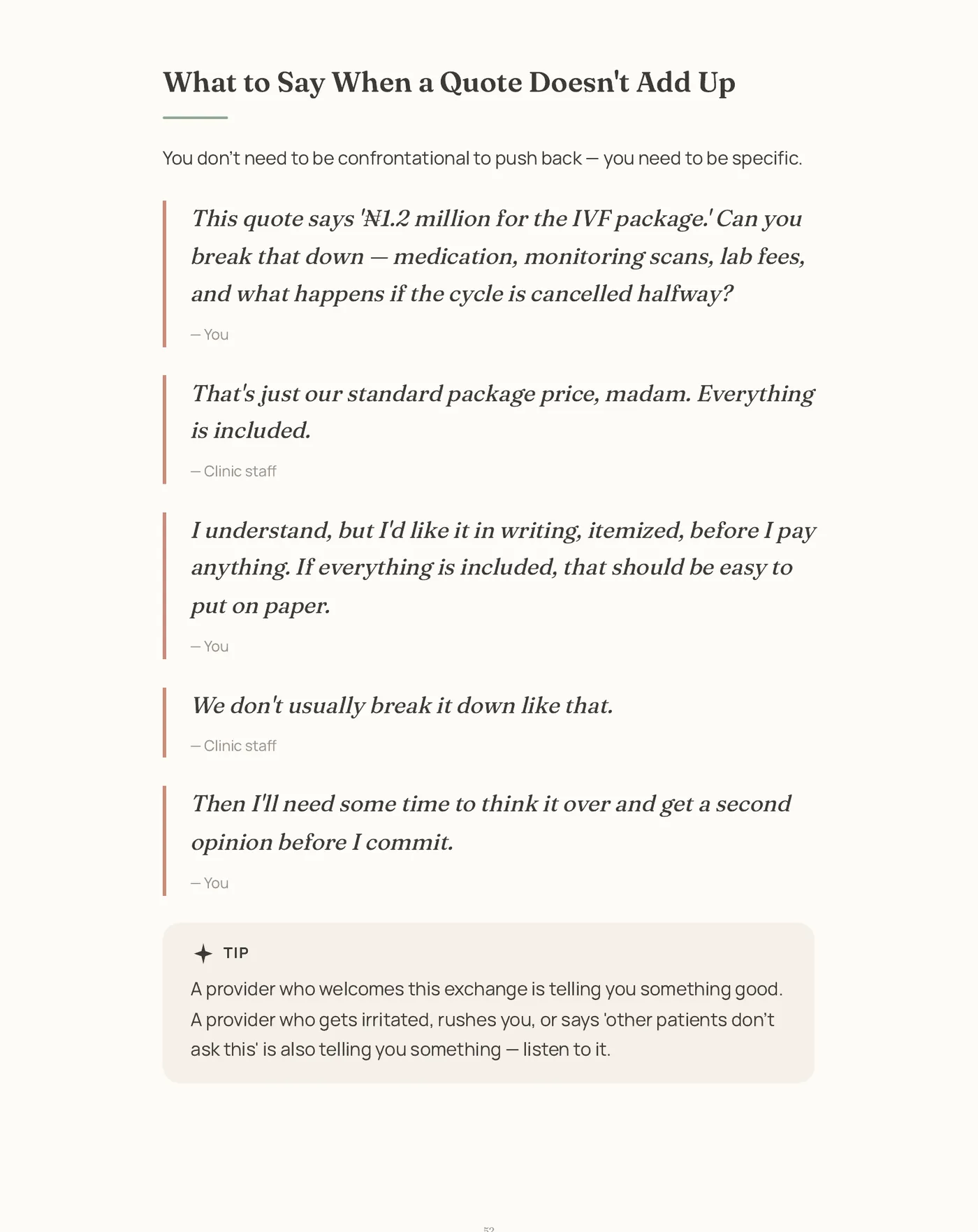 A page from Chapter 11 showing a scripted dialogue for asking a clinic to itemise a quote