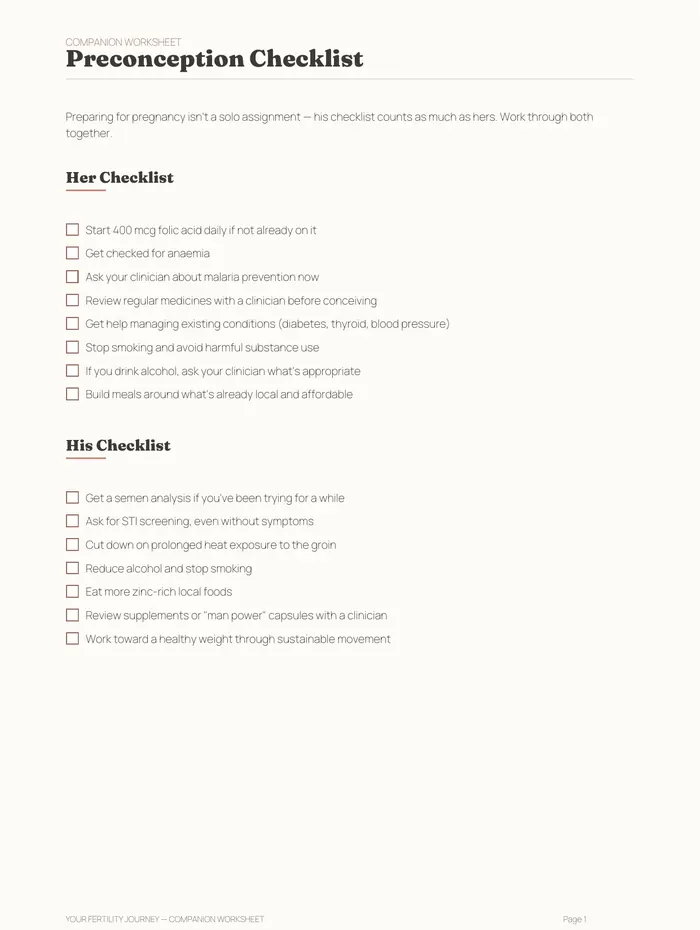 The Preconception Checklist worksheet, with a column for her and a column for him